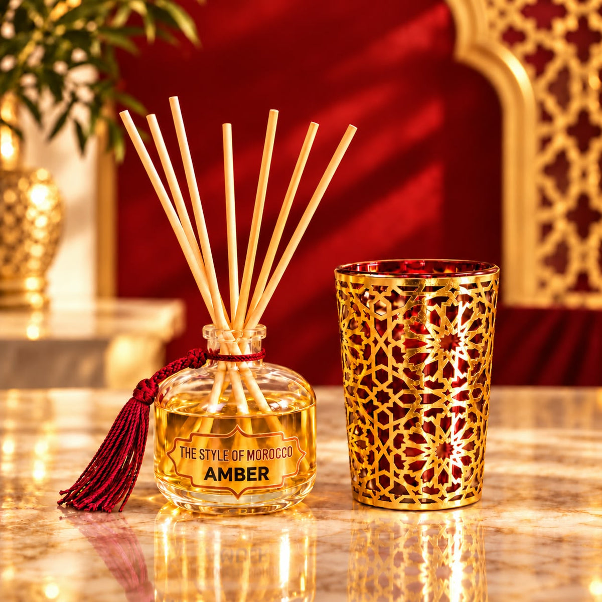 Royal Red Amber cadeauset met geurstokjes, rood kwastje en rood-goudkleurige kaars
