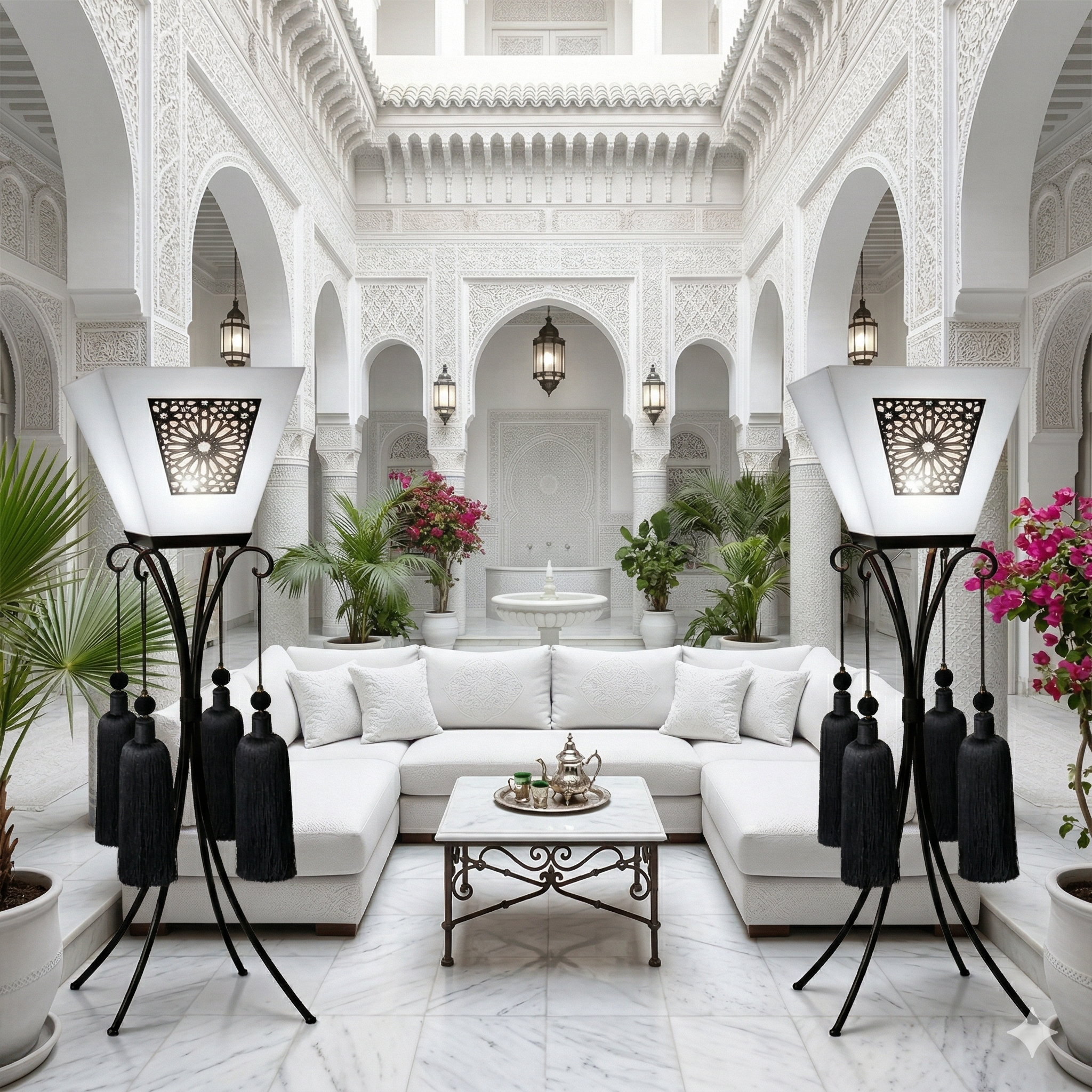 Atlas Glow Vloerlamp wit – twee lampen in luxe witte Marokkaanse riad met bank en marmeren vloer