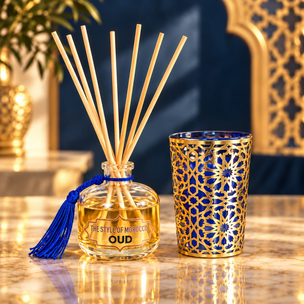 Royale Blue Oud cadeauset met OUD-geurstokjes, blauwe kwast en blauw-goudkleurige decoratie