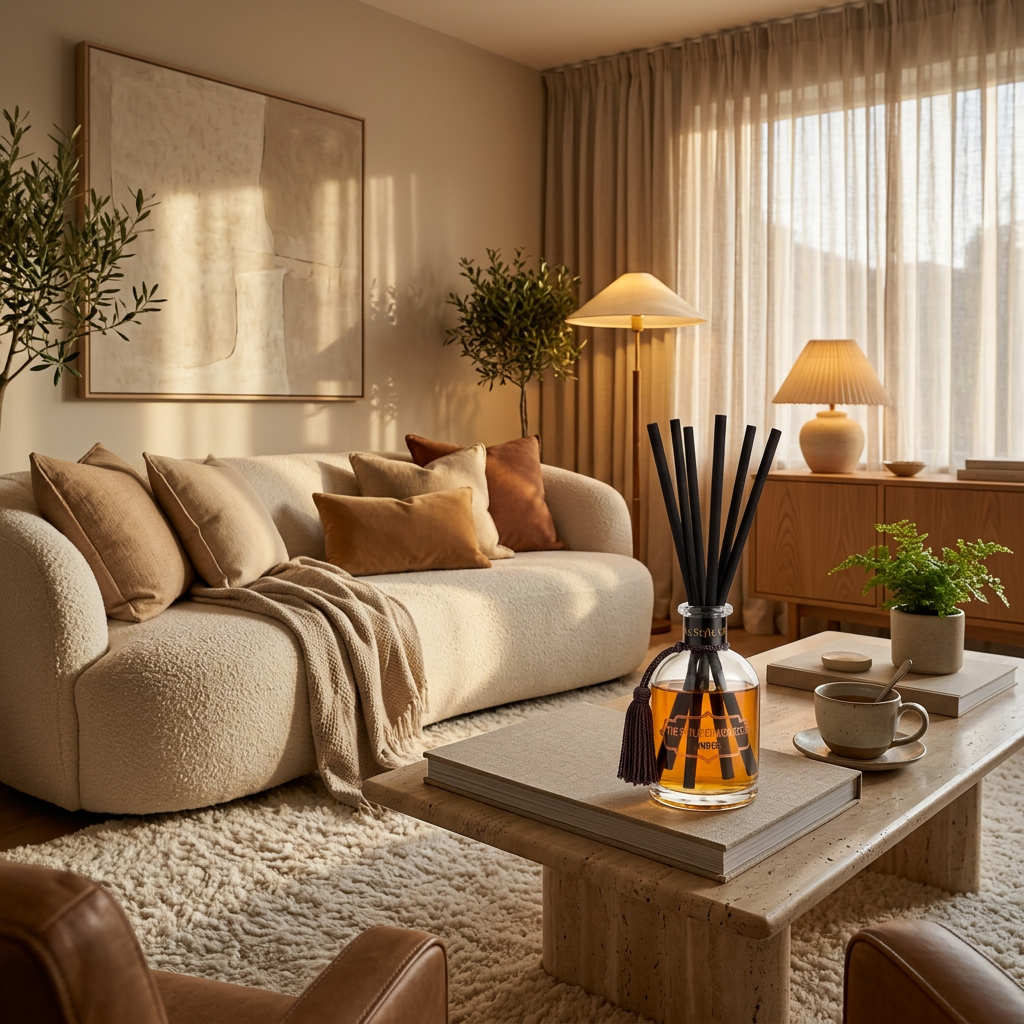 Amber-diffuser in een sfeervolle moderne beige woonkamer