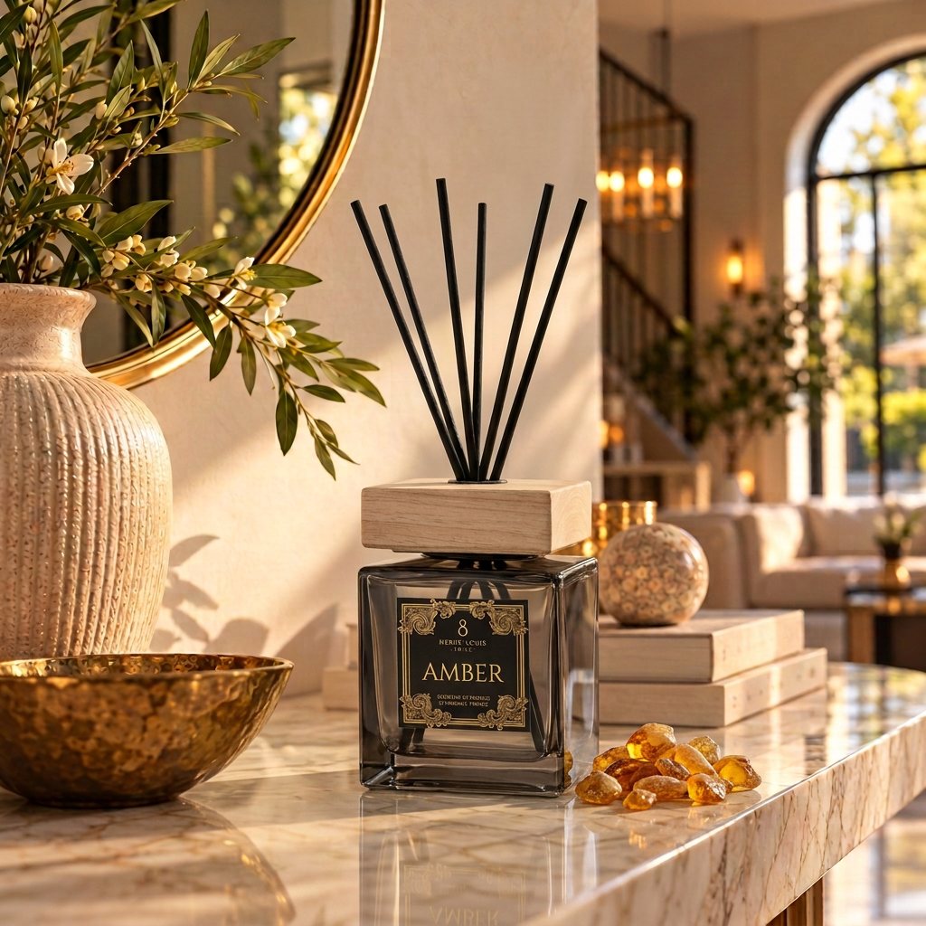 Amber-diffuser met houten dop en ambersteentjes in een warme luxe entree