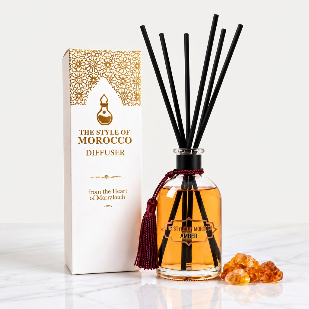 Amber diffuser met verpakking op luxe wit marmer en bijna witte achtergrond