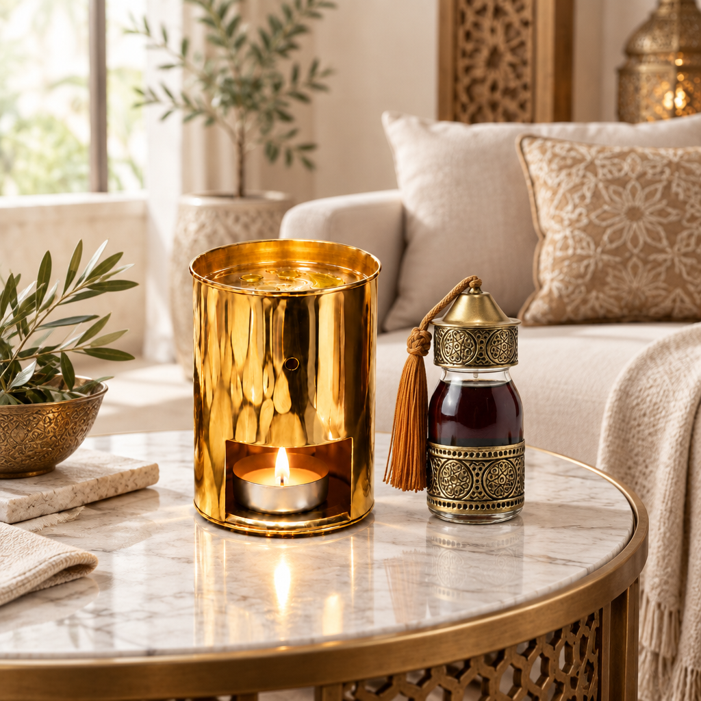 Éclat d’Or aromabrander en geurolieflesje in een lichte woonkamer