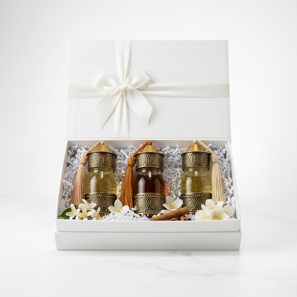 Drie originele flesjes in witte cadeaudoos