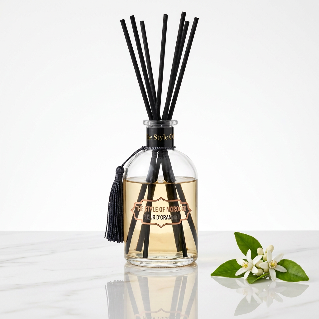 Fleur d’Orange diffuser op hoogglanzend marmer met bijna witte achtergrond