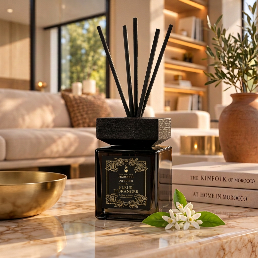 Fleur d’Oranger-diffuser in een warme luxe woonkamer met oranjebloesem