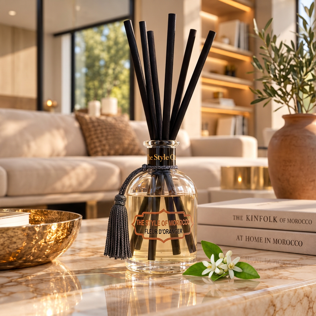 Fleur d’Oranger met lichte vloeistof in een warme moderne woonkamer
