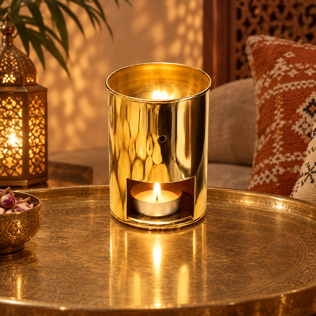 Vierkante sfeerfoto van de goudkleurige Éclat d’Or aromabrander in een warm ingericht interieur
