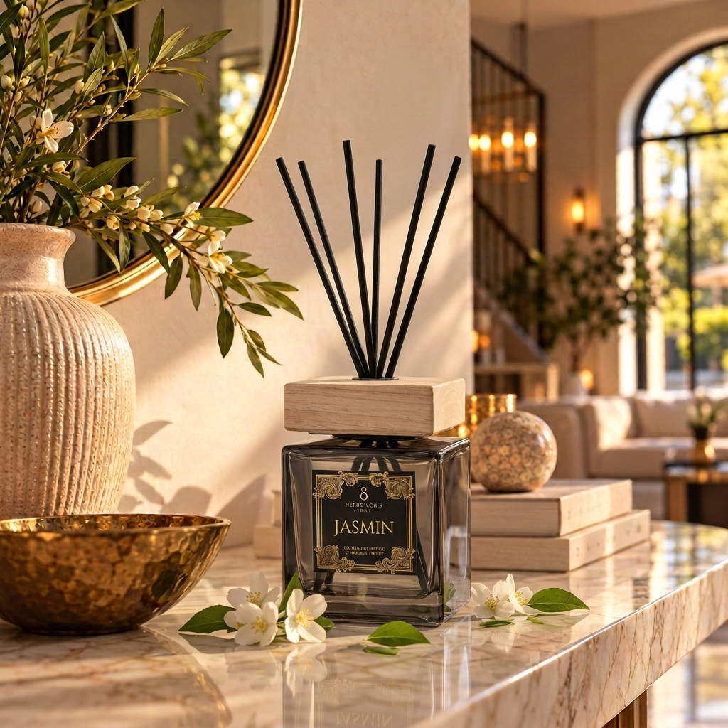 Jasmin-diffuser met houten dop in een warme luxe entree