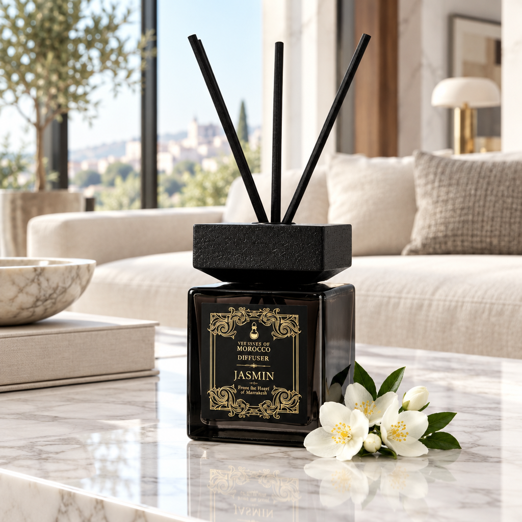 Jasmin-diffuser op een luxe tafel in een moderne huiskamer