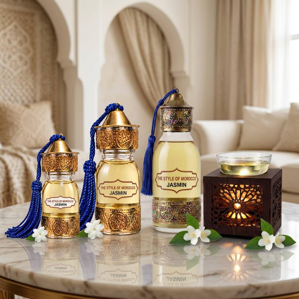 Jasmin in drie maten met aromabrander in een woonkamer