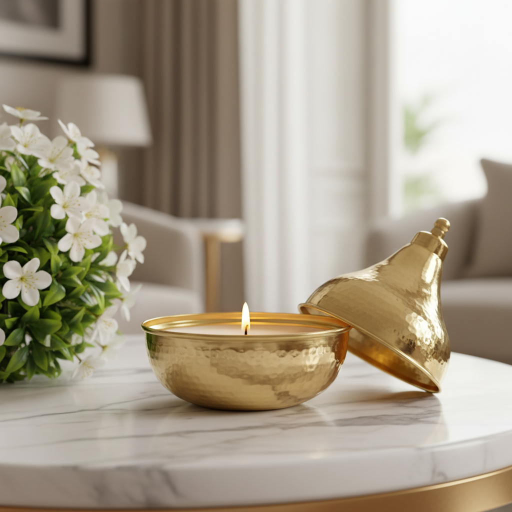 Kaars met vlam – tafel met bloeiende plant