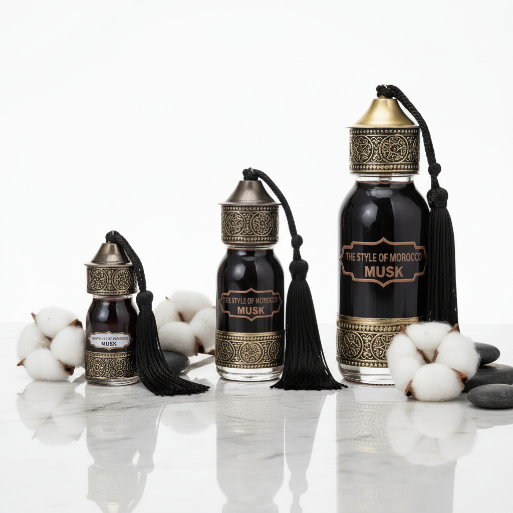Set van drie geurolieflessen Musk in 30 ml, 60 ml en 125 ml op lichte studio-achtergrond