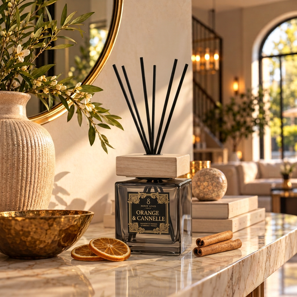 Orange & Cannelle in een warme luxe entree met gouden spiegel en marmeren sidetable