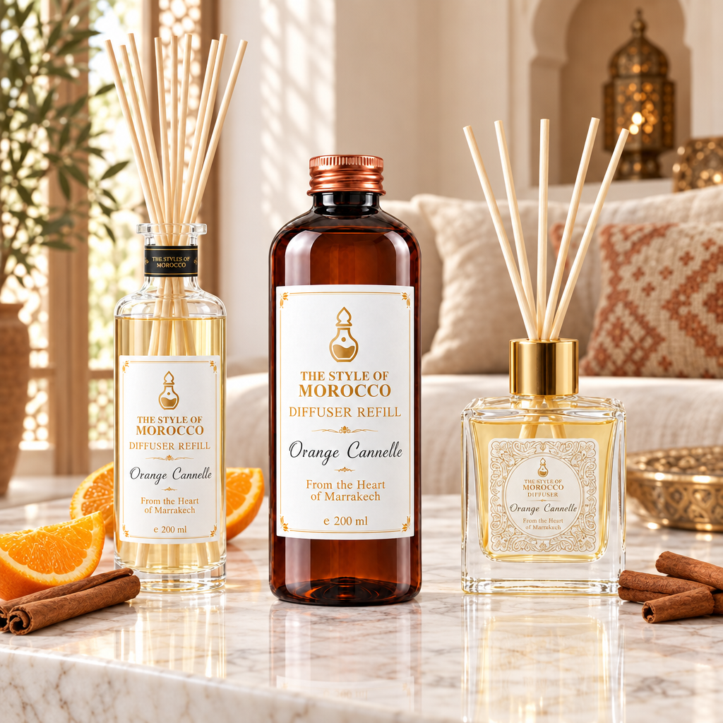 Orange Cannelle navulling en diffusers in een Marokkaanse woonkamer