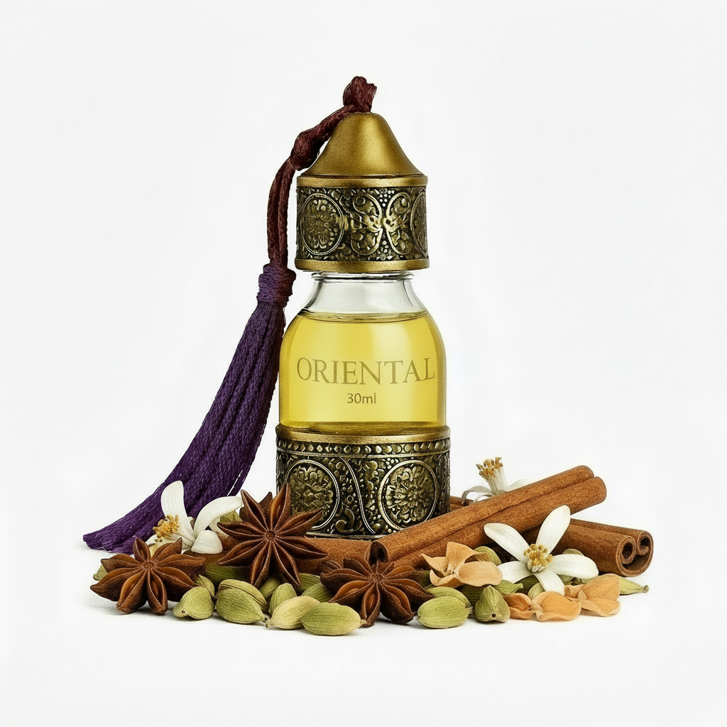 Flesje Oriental Essentiële Olie met luxe verpakking, omringd door Marokkaanse kruiden en hout.