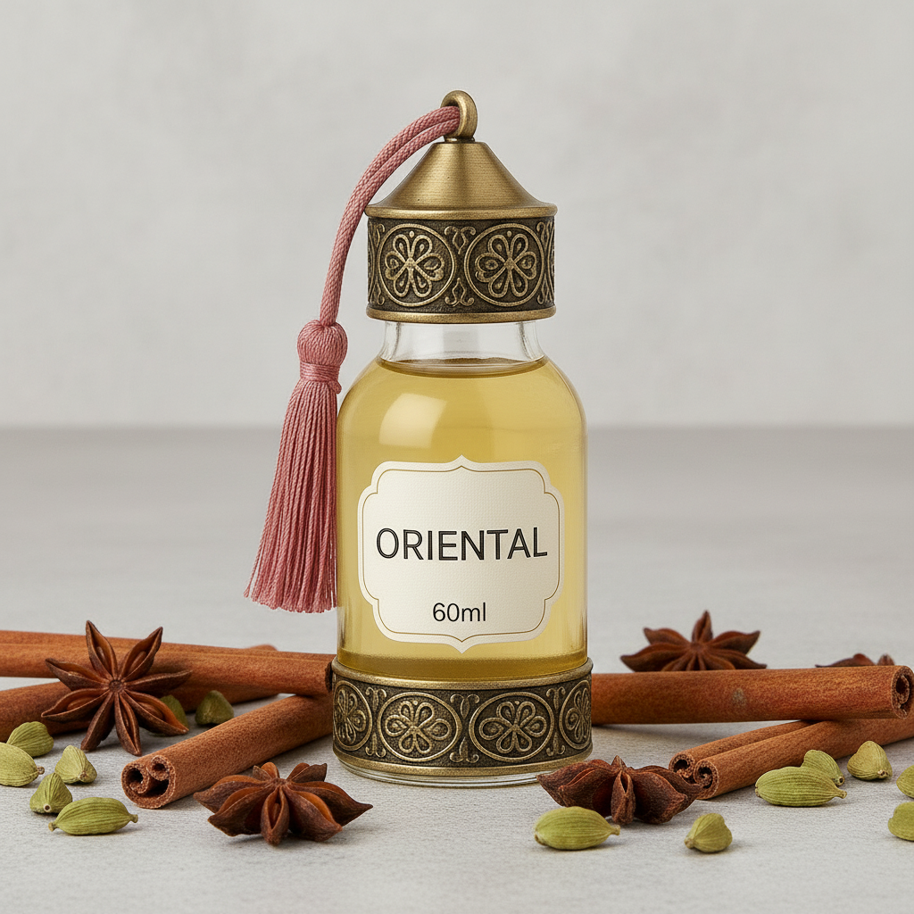 Flesje Oriental Essentiële Olie met luxe verpakking, geïnspireerd op Marokkaanse geuren.