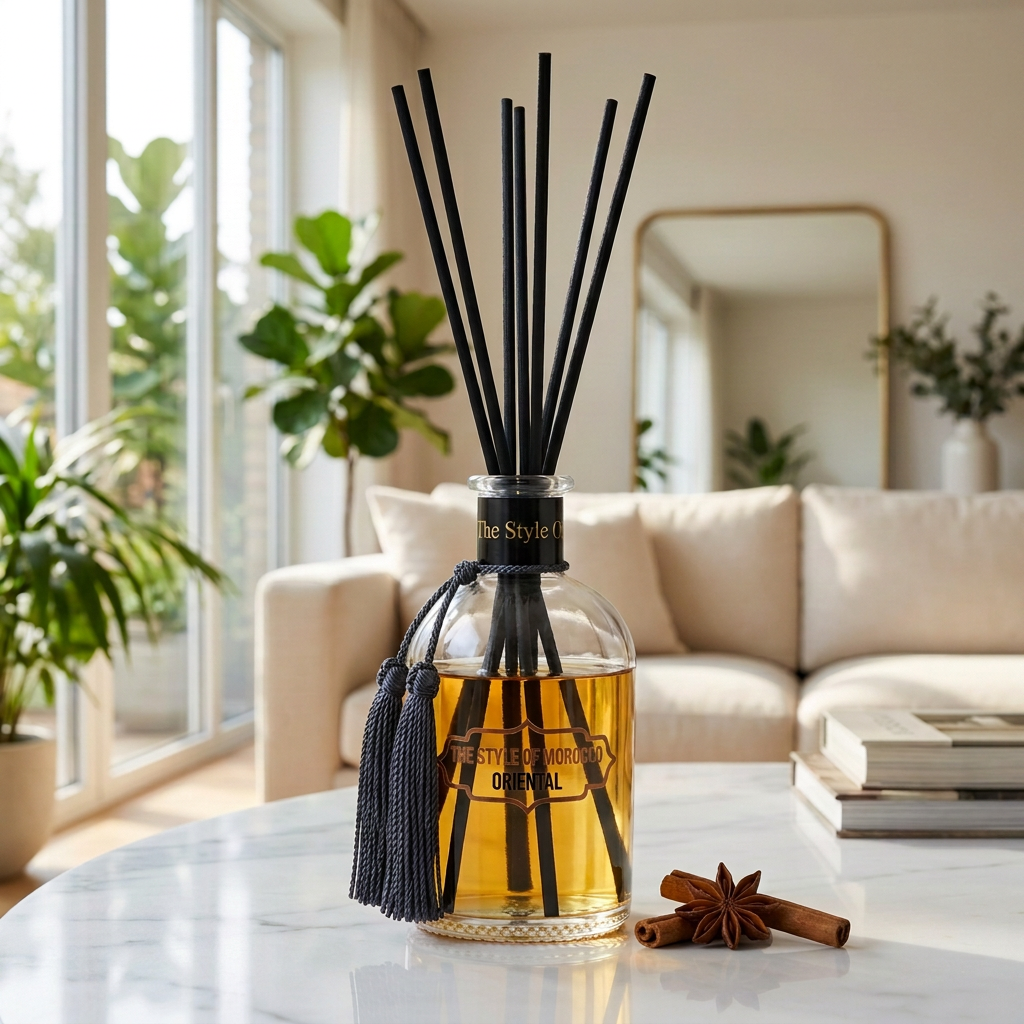 Oriental in de woonkamer met gecorrigeerd voorlabel