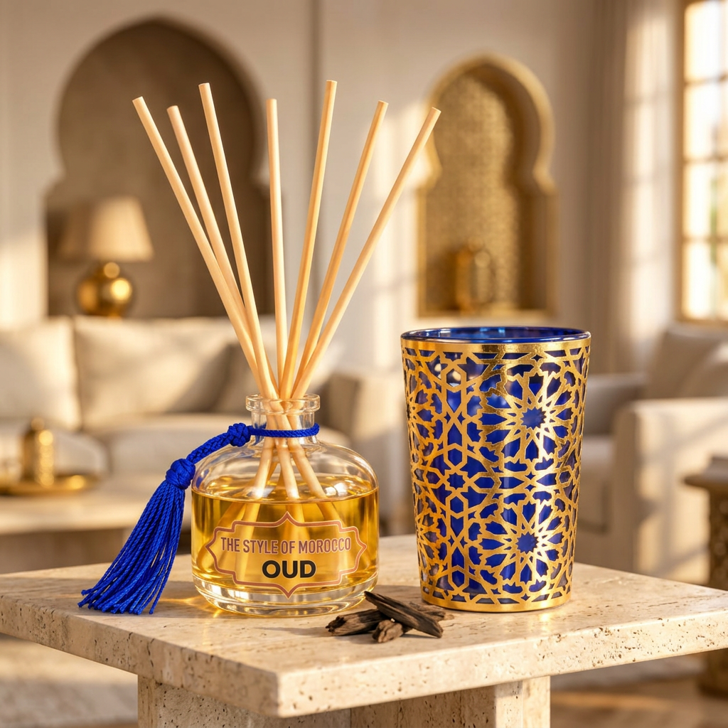 Sfeerfoto Royale Blue Oud in een warm Marokkaans interieur
