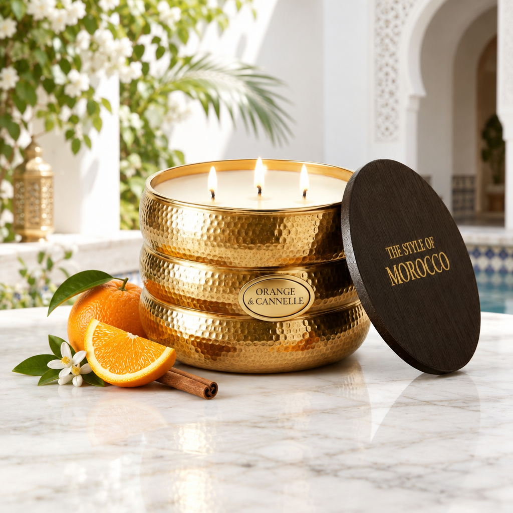 Sfeerfoto van de Marrakech Royale Orange & Cannelle-kaars in een riad