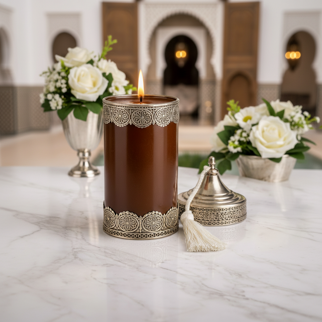 Silver Serenity Luxe Kaars - Musk- Geur - Donkerbruine Geurkaars met Zilverkleurige Marokkaanse
